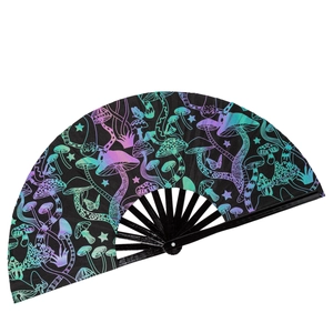 33cm reflective bamboo fan with colorful holographic mushroom patterns on black frame