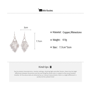 Technical size chart for silver tassel earrings with crystal rhinestones and copper base