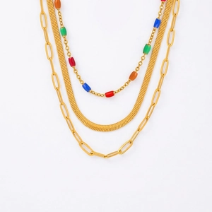 Collier Multi-rangs en Acier au Titane Or pour Femmes Perles en Émail Multicolores Chaîne Serpent et Trombone Bijoux Hip Hop