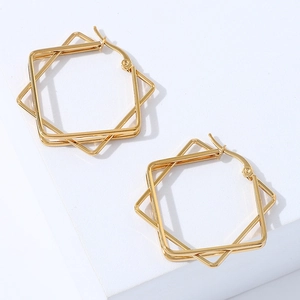 Golden geometric multilayer square earrings in polished 18K titanium steel on white background