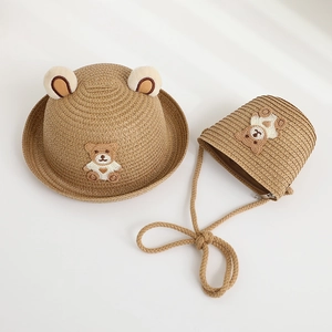 Kids bear straw hat and crossbody bag set for summer sun protection in natural beige