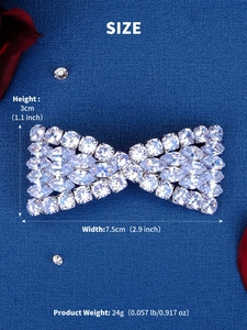 Detail view of crystal bow hair clip with dimensions 7.5cm width and 3cm height