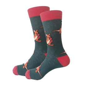 Detail of dark green cotton socks featuring red kangaroo boxer prints and contrast heel
