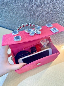 Internal view of pink satin evening clutch bag with butterfly crystal and metal handle