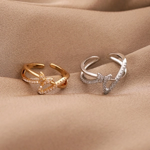 Fashionable Copper Butterfly Cross Open Ring For Women Elegant Zirconia Inlaid Adjustable Finger Ring Gold Silver Jewelry