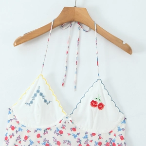 Chic white floral print halter dress with blue flower and red cherry embroidery