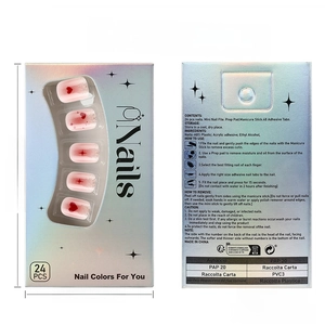 Detail of pink heart press on nails packaging with 24 pieces in holographic box