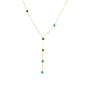 Elegant gold Y-shaped necklace featuring faceted green heart rhinestones on a slim chain