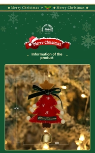 Detail of red felt Christmas tree pendant with bow and bell, 16cm height decoration