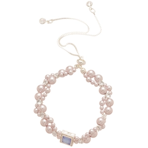 Bracelet élégant double rang de perles avec cristal bleu et chaîne coulissante réglable