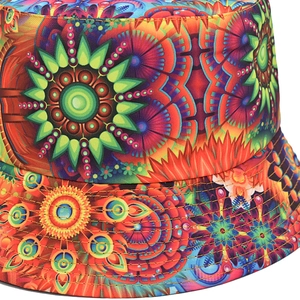 Macro detail of kaleidoscope print bucket hat with reinforced stitching on the brim