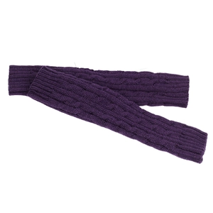 Close-up of purple acrylic knit arm warmers featuring a detailed cable stitch pattern