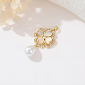 14k gold four leaf clover pendant with white mother of pearl and hanging pearl drop