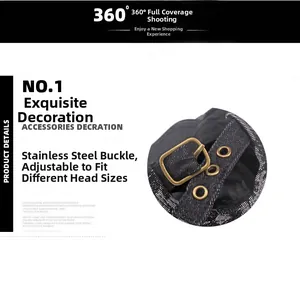 Detail of adjustable bronze stainless steel buckle on black denim daisy beret hat