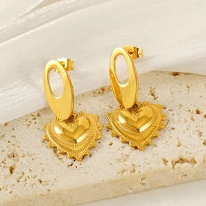 Vintage Heart Drop Earrings Radiant Sun Texture 18K Gold Plated Stainless Steel Jewelry For Women