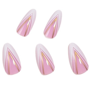 Press-on almond nails featuring pink geometric patterns and gold V-line accents on white