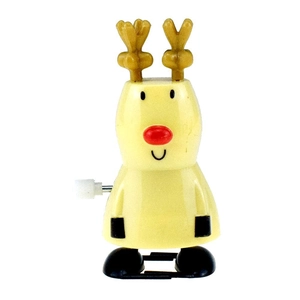 Detail view of a yellow reindeer wind-up toy with brown antlers on white background