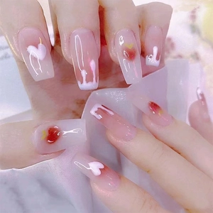 Summer Sweet Pink Coffin Press On Nails Cute Heart Strawberry Pattern Long Trapezoidal False Nails For Women Girls Glossy Nails