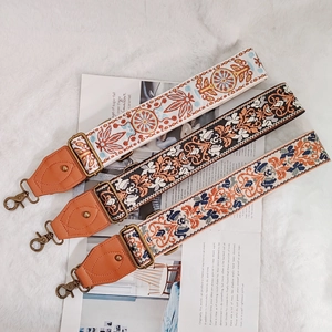 Bag Shoulder Strap Ethnic Embroidery Polyester Fabric With Leather Ends Vintage Replacement Crossbody Guitar Belt