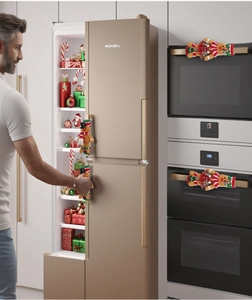 Christmas gingerbread man fabric handle covers on fridge door in a festive home setting
