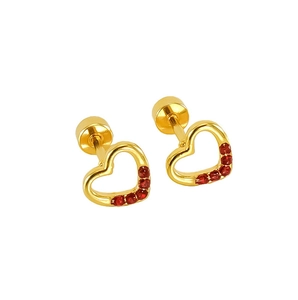 Macro view of gold heart stud earrings featuring four sparkling red crystals and secure backs