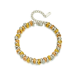 Three-tone twisted circles bracelet in gold, silver, and rose gold stainless steel