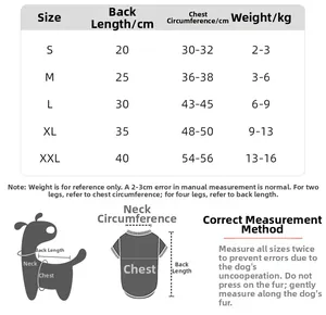 Detailed pet clothing size chart showing measurements for back length and chest girth