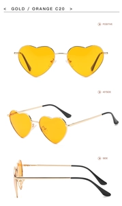 Three-view detail of heart-shaped sunglasses with gold metal frames and orange lenses