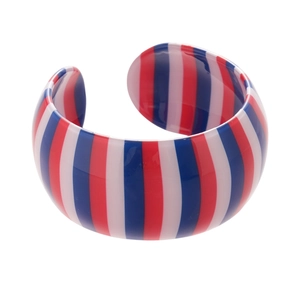 Wide acrylic open bangle with red, white and blue nautical vertical stripes