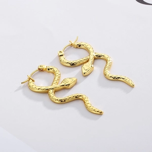 Polished gold snake hoop earrings with detailed scale texture in a trendy serpent style