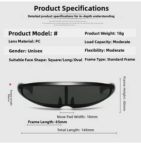Detailed size chart for lightweight black futuristic wraparound sports sunglasses