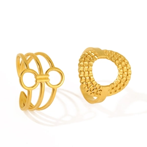 Minimalist gold stainless steel open ring set with geometric and textured scale patterns