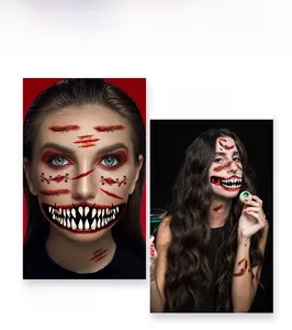 Detail of scary Halloween face tattoos with horror mouth, scars and scratch designs