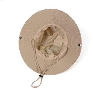 Detail of khaki sun hat featuring breathable mesh lining and adjustable chin strap