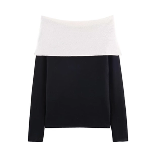 Women's off-shoulder long sleeve knit top with black and white contrast design