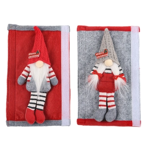 Christmas gnome refrigerator handle covers in red and grey knit with merry christmas text