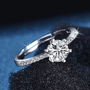 Classic silver adjustable heart ring with six-prong solitaire and pavé diamond band