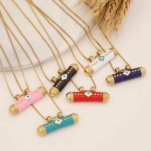 Evil Eye Cylinder Pendant Necklace Stainless Steel Enamel Jewelry For Women Boho Style Gold Plated