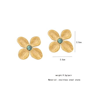 Detail of gold flower earrings with turquoise stones showing 2.5cm size and 9.5g weight