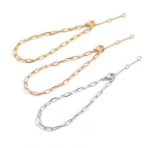 Three minimalist stainless steel paperclip bracelets in gold, rose gold, and silver finishes