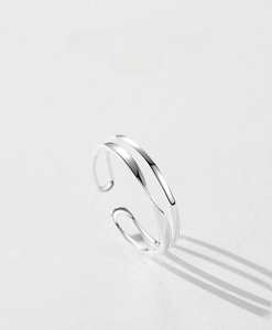Polished silver double-layer open ring featuring a minimalist parallel line design