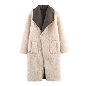 Front view of a reversible faux fur coat in beige with a contrasting brown lapel collar