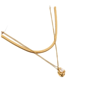 Double-layered gold titanium steel necklace featuring a snake chain and pearl pendant