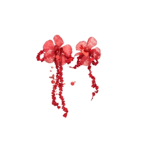 Elegant red fabric flower tassel earrings with crystals and sequins on white background