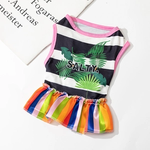 Cute pet dress with black and white stripes, salty print, and rainbow ruffled hem