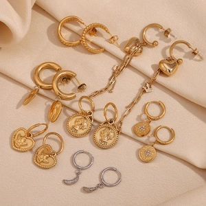 Vintage 18K gold plated stainless steel heart and coin earrings set on silk
