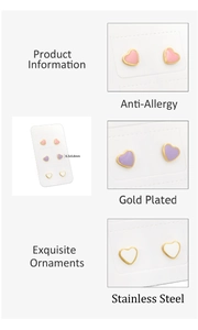 Macro view of 6.3x5.6mm heart studs in pink and purple with anti-allergy gold plating