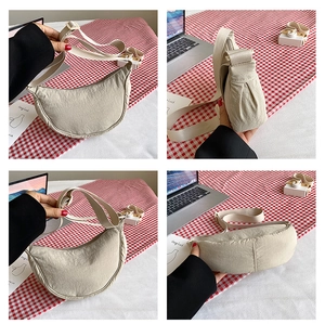 Detailed multi-angle view of a beige nylon crescent crossbody bag with pleated texture
