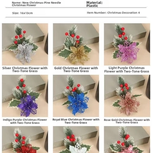 Detail of glittery Christmas pine needle flowers in various colors for DIY holiday decor