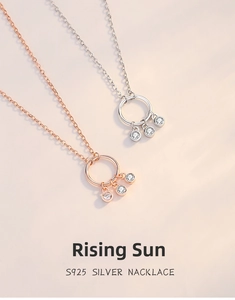 Macro shot of 925 silver and rose gold necklaces featuring circular stone pendants